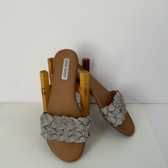 Steve Madden Phraya Tan and Silver Rhinestone Embellished Sandals - Picture 1 of 7